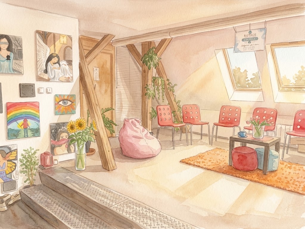 Ilustrace čekárny rodinného terapeutického centra s dřevěnými trámy, světlými židlemi a obrazy na zdi